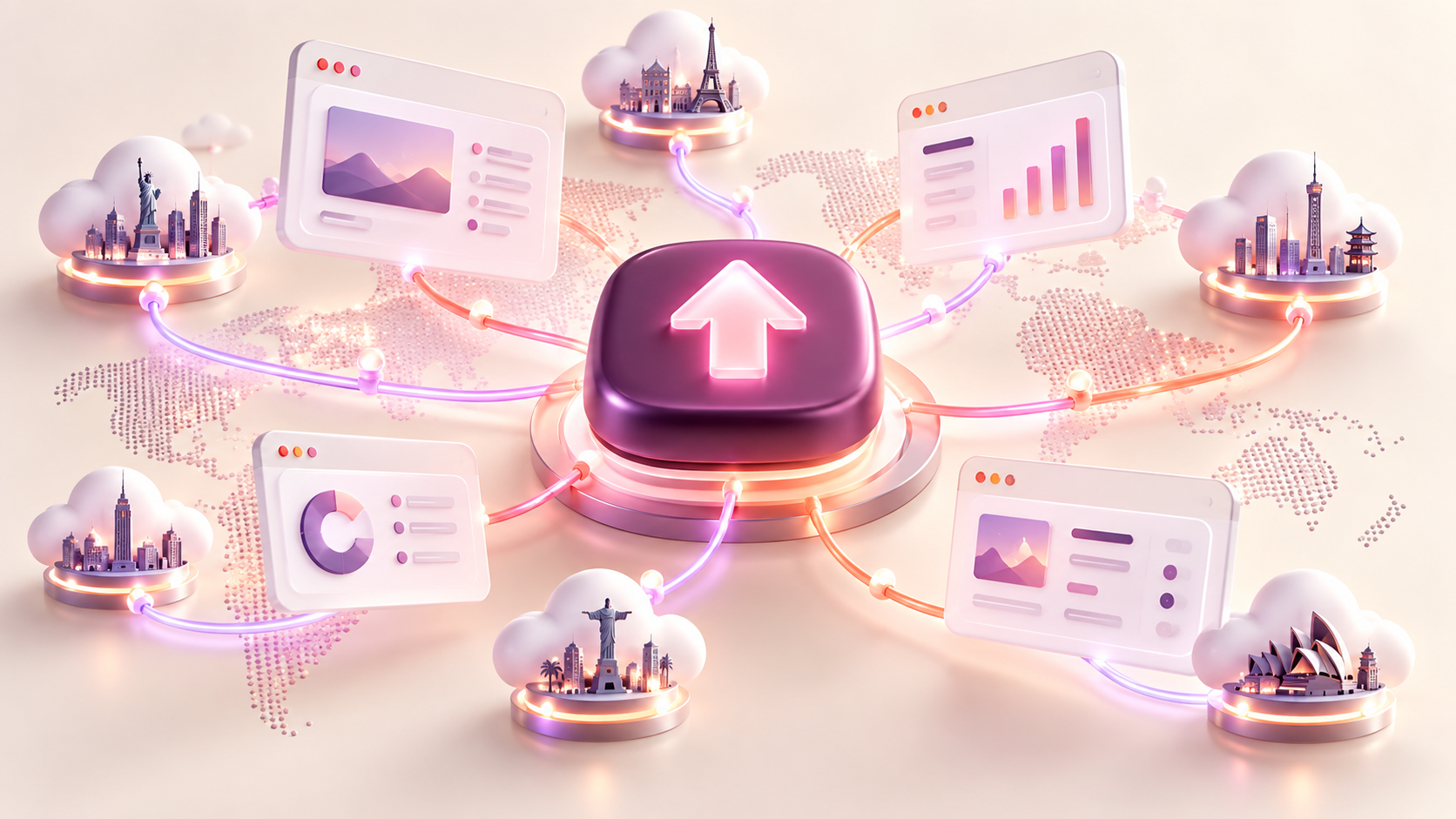 Rosa-violetter Deployment-Kern verbindet Apps und Websites mit einem weltweiten Cloud-Netzwerk.